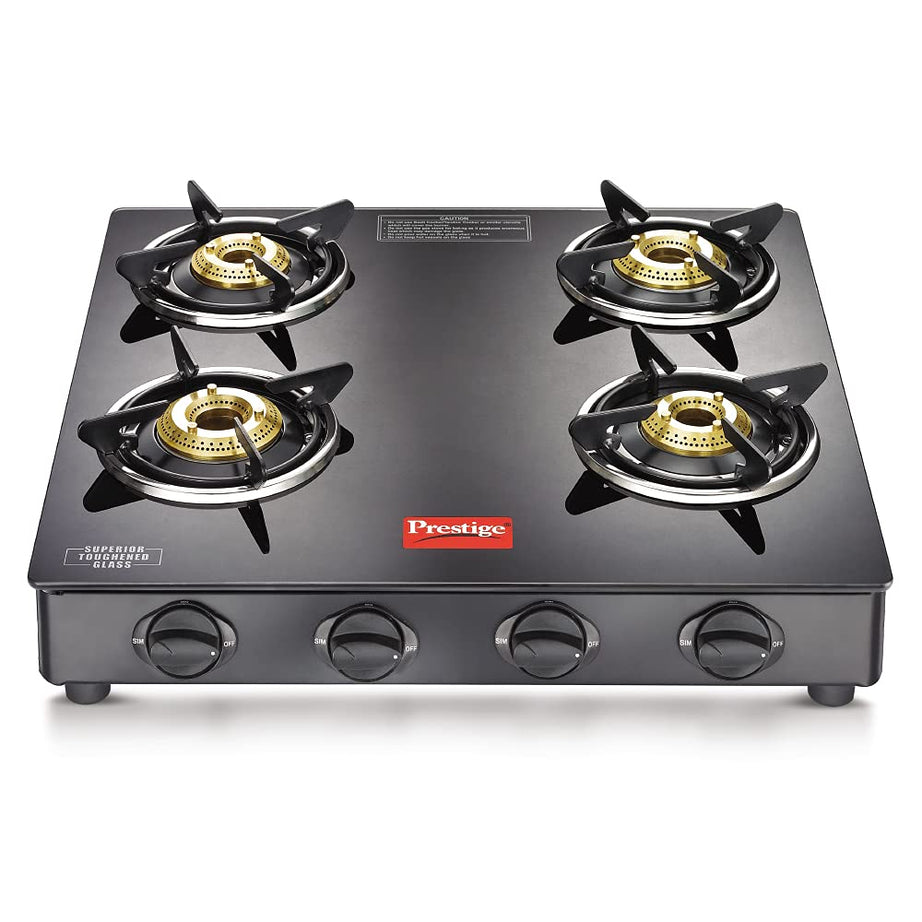 Prestige IRIS Toughened Glass-Top 4 Brass Burner Gas Stove | Black | Powder Coated Body | Ergonomic Knob | Tri-Pin brass Burners |Open