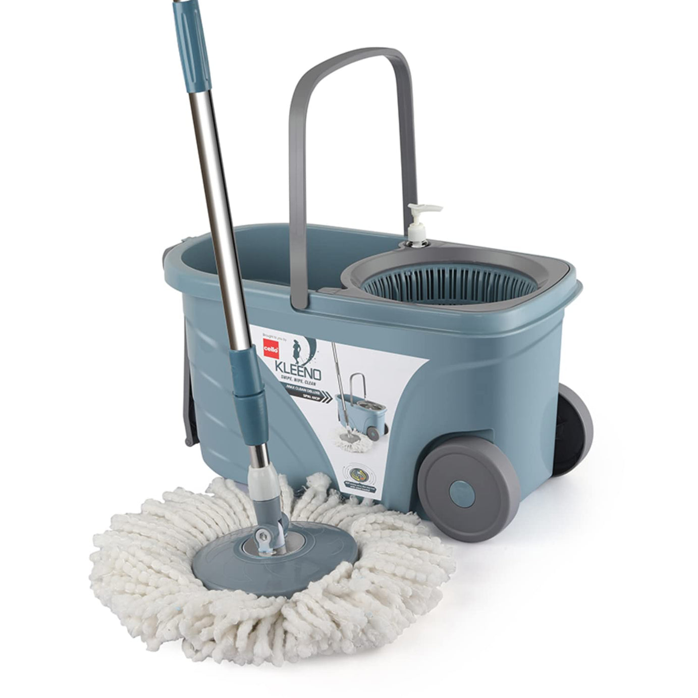 Kleeno by Cello Max Clean Bucket Spin Mop with Wheels and Plastic Wringer - Bucket Floor Cleaning and Mopping System, 1 Microfiber Refil, Grey