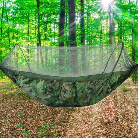 HACER Portable Outdoor Camping Hammock with Mosquito Net & Carabiner Nylon Windproof Hanging Swing for Hiking Backpacking - Army Green