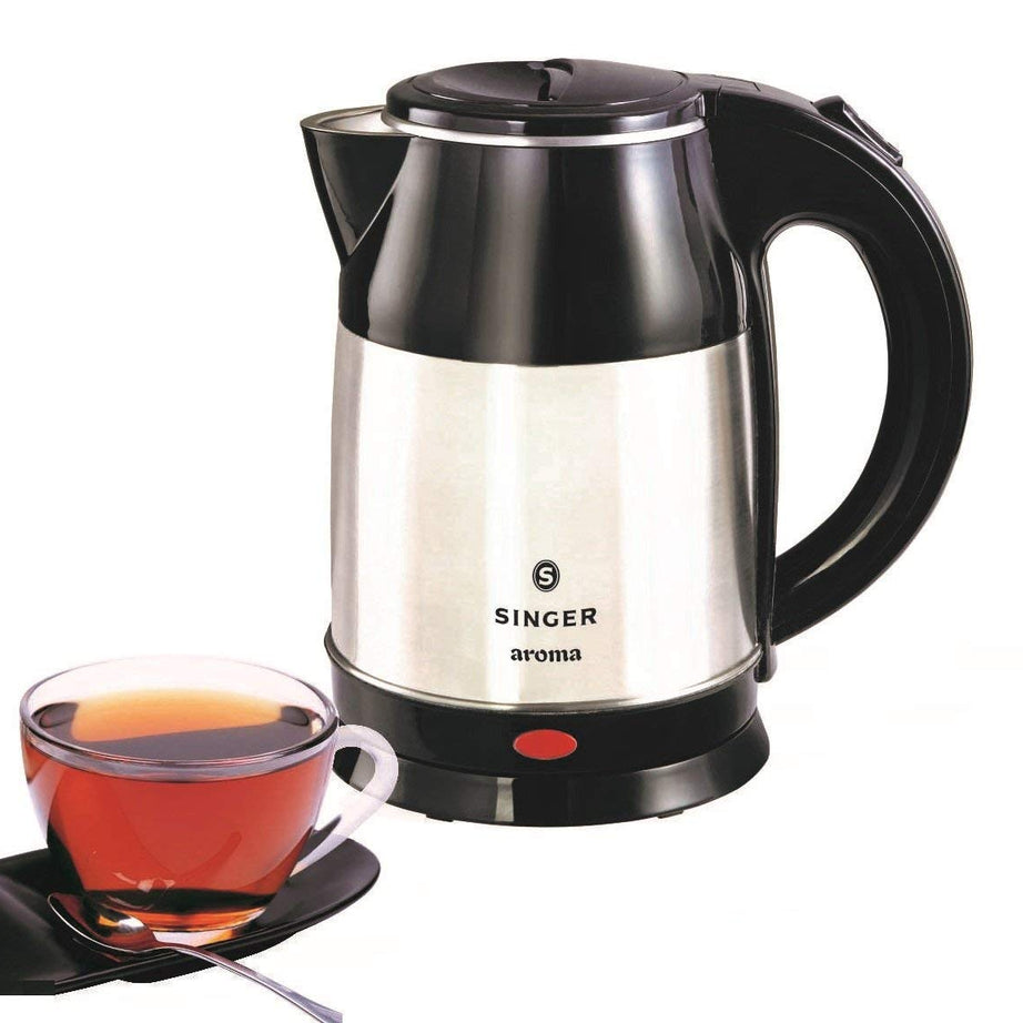 Singer Aroma 1.8 Liter Electric Kettle High Grade Stainless Steel with Cool and Touch Body and Cordless Base, 1500 watts, Auto Shut Off with Dry Boiling (Silver/Black)