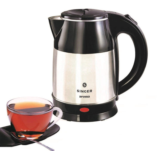 Singer Aroma 1.8 Liter Electric Kettle High Grade Stainless Steel with Cool and Touch Body and Cordless Base, 1500 watts, Auto Shut Off with Dry Boiling (Silver/Black)