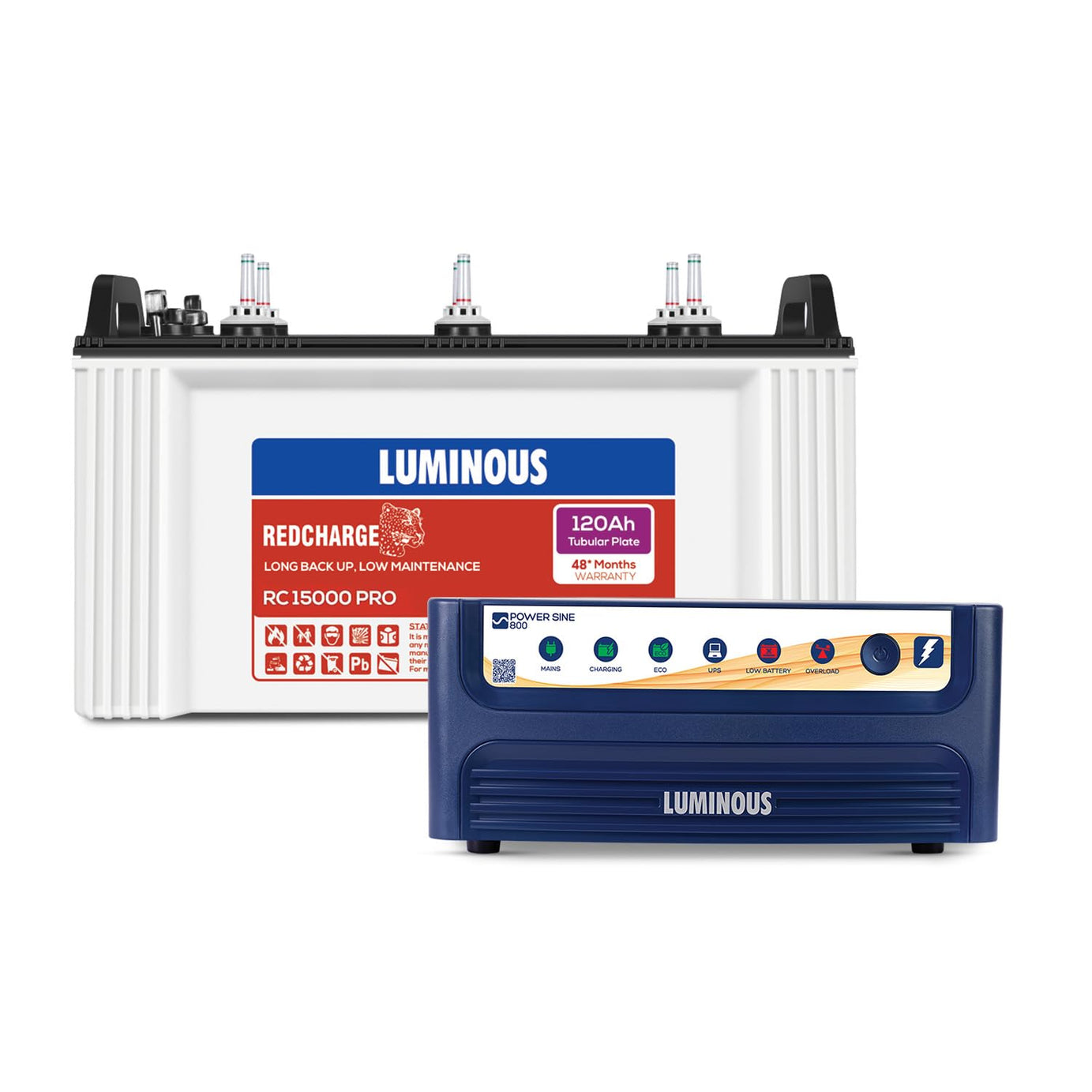 Luminous Inverter & Battery Combo (Power sine 800 Pure Sine Wave 700VA/12V Inverter with RC15000PRO 120Ah Battery) for Home, Office & Shops