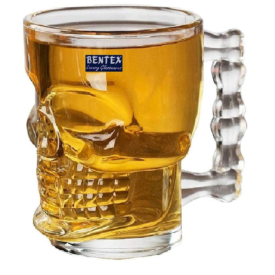 BENTEX LUXURY GLASSWARES Glass Beer Mug - Set of 6 Mugs, Transparent, 540 ml - Skull Skeleton Shape Beer Glass Mug