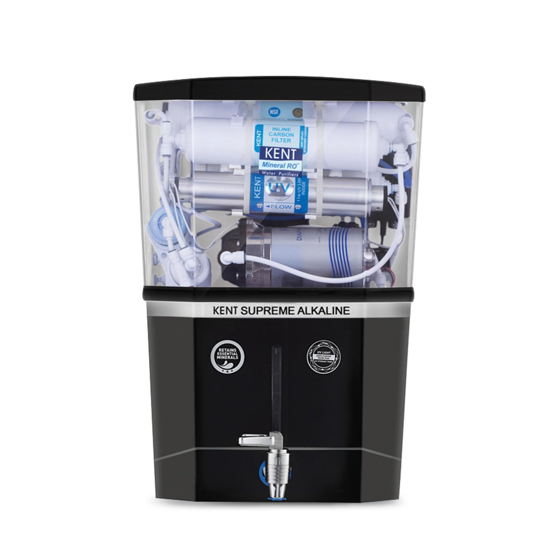 KENT Supreme Alkaline RO Water Purifier | INR 1000 Off on Exchange | 4 Years Free Service | Multiple Purification Process | RO + UV + UF + Alkaline + TDS Control + UV LED Tank | 8L Tank | Black