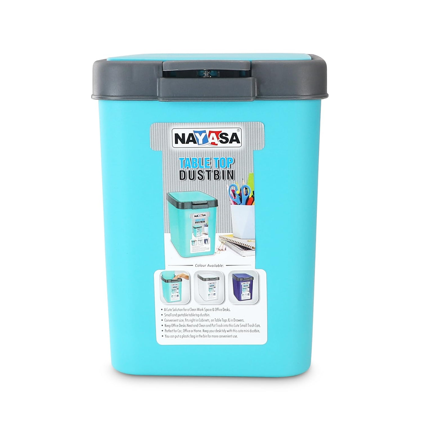 Nayasa Table Top Waste Paper Bin Multi Purpose Dustbin With Lid, Easy To Lift, Ideal For Home/Kitchen/Office, L 13, B 18.5, H 17 Cm, Turquoise Blue