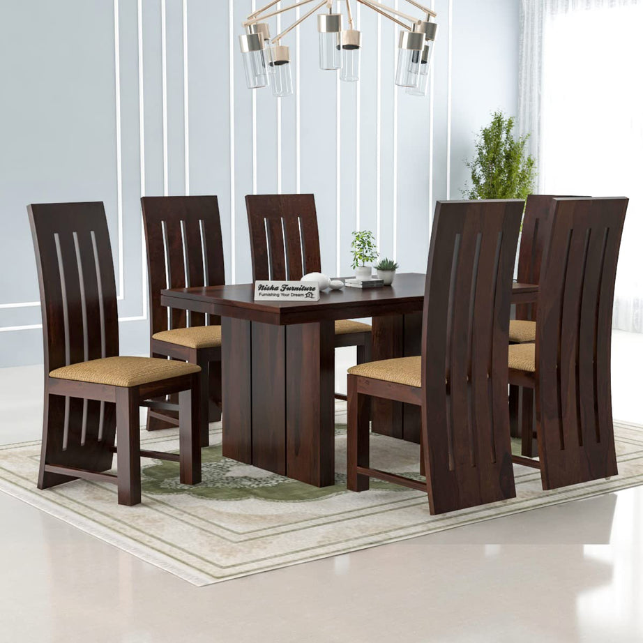 NISHA FURNITURE Solid Sheesham Wood 6 Seater Dining Table with Six Chair | Wooden Dining Room Sets for Home Kitchen Restaurent Hotel Modern Dining Set Furniture in Walnut Finish