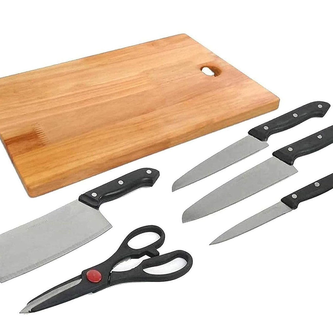 ROMINO Wooden Multipurpose Chopping and Cutting Board Set for Kitchen, Vegetables & Meat Cutting, Fruit Cutter, Heavy Durable Easy to Clean Board (Set of 4 Knife +1 Scissor +1 Chopper Board)