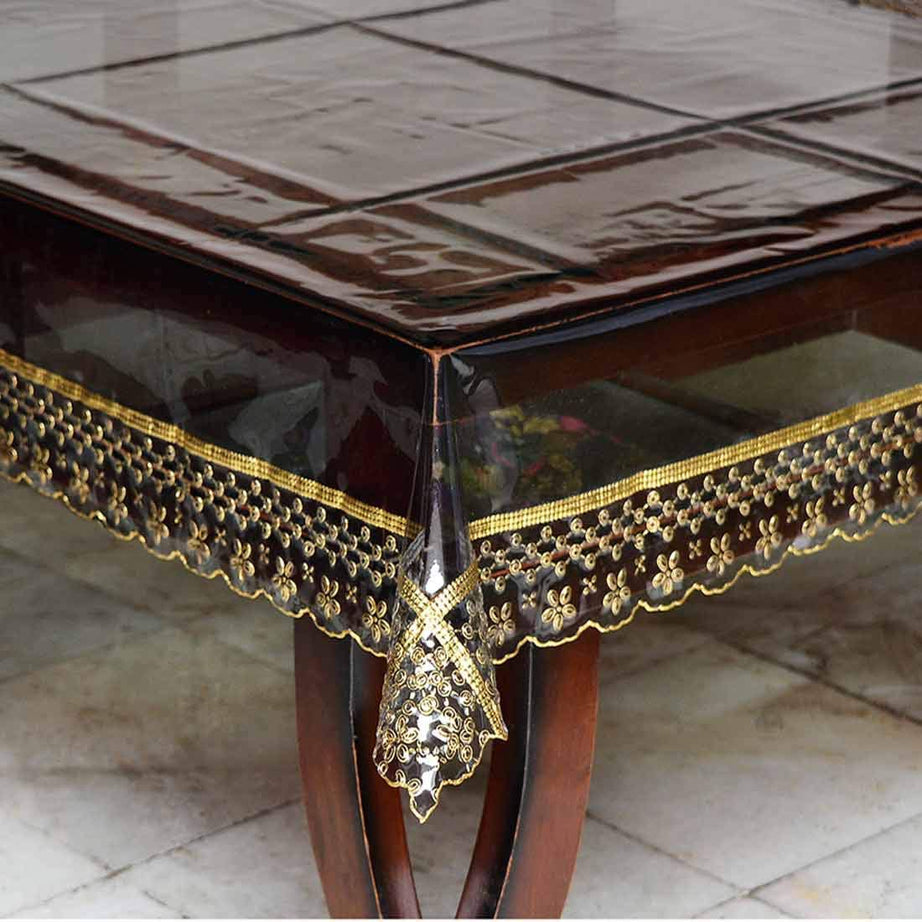 OrientalWeavers Waterproof PVC 4 Seater Table Cover - Clear Table Protector with Golden Border Lace for Dining & Kitchen Tables, Heat Resistant, Easy to Clean - 45x72Inches