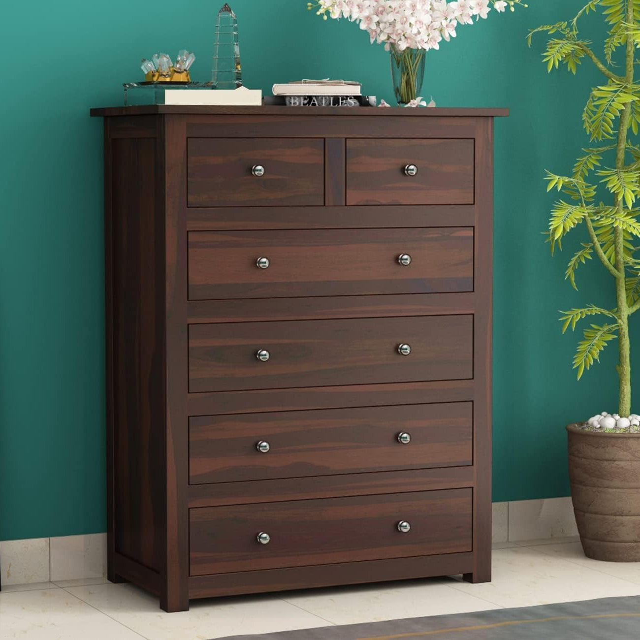 Kunjal Furniture Contemporary Sheesham Wood Chest of Drawers - 6 Drawer Storage Solution (Walnut Finish)