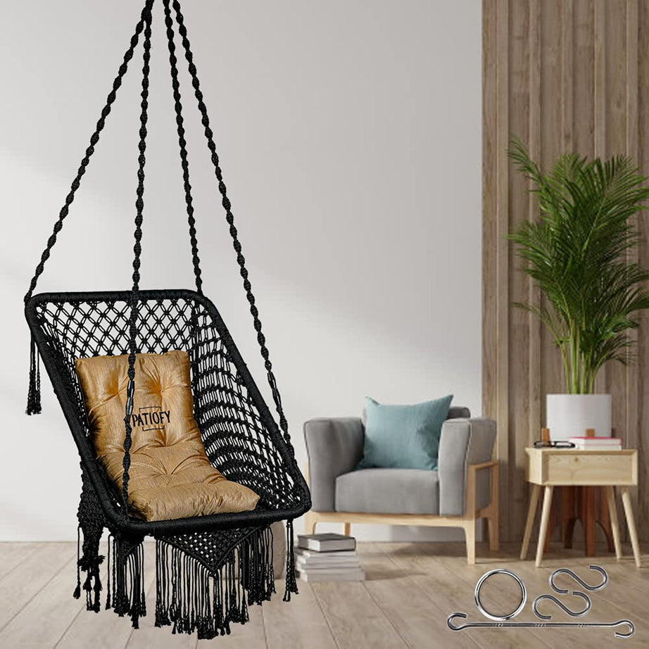 Patiofy Made in India Premium Square Shape Hammock Hanging Cotton Swing Chair with Cushion & Accessories for Indoor and Outdoor/150Kg Capacity/Swing with Large Golden Cushion/for Kids & Adults(Black)