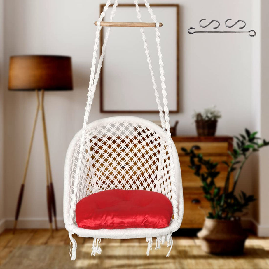 Patiofy Wooden Swing For Adults/Cotton D Shape Swing Chair/Jhula For Living Room, Balcony Home/Includes Hanging Kit & Red Cushion (White) By Patiofy