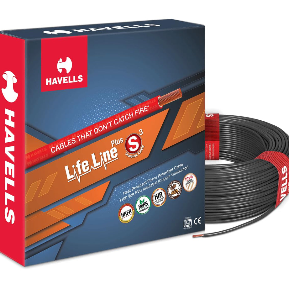 Havells Life Line Plus HR-FR PVC Insulated Copper Conductor Flexible House Cable for Domestic & Industrial Connections Electric Wire (Black, 2.5 SQ-MM, 45 Meters)