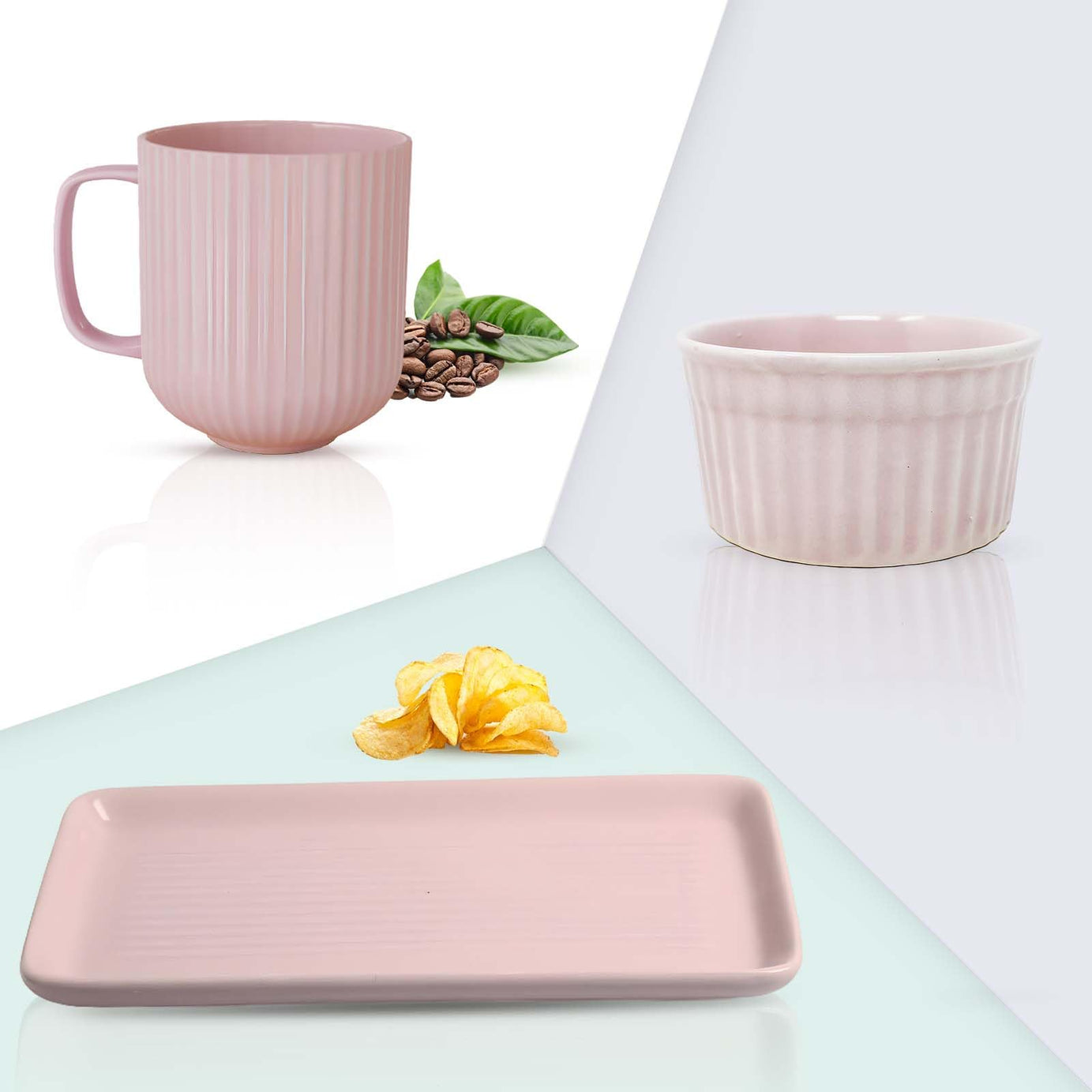 The Earth Store Premium Ceramic Fringe Pink Tea Cups/Coffee Mugs Tray and Bowl set | Microwave & Dishwasher Safe set of 3 (1 Cup- 300ml and 1 Tray and 1 Bowl - 220 ml) Best Gift for your loved ones