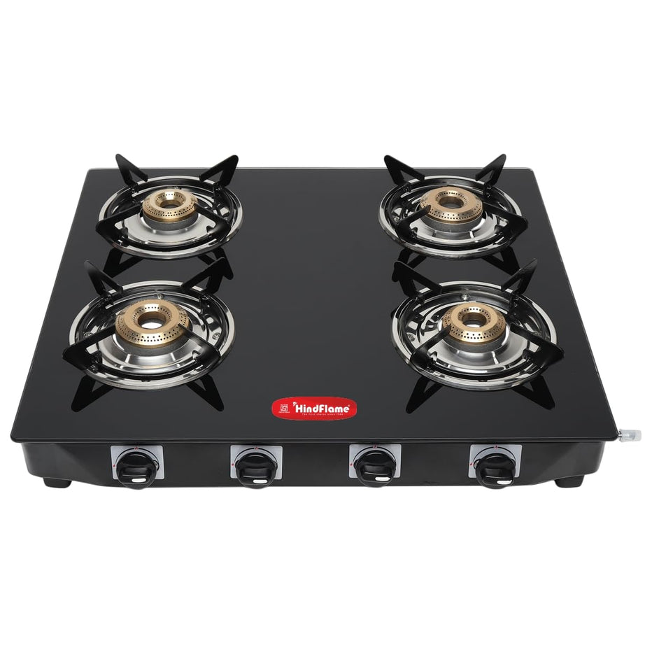 Hindflame 4 Burner Pixel Black Toughened Glass | LPG Cooktop I Manual Ignition | Ergonomic Knob | with 1 Year Warranty | Pan India Service | LP Gas Stove | ISI Approved (Black)