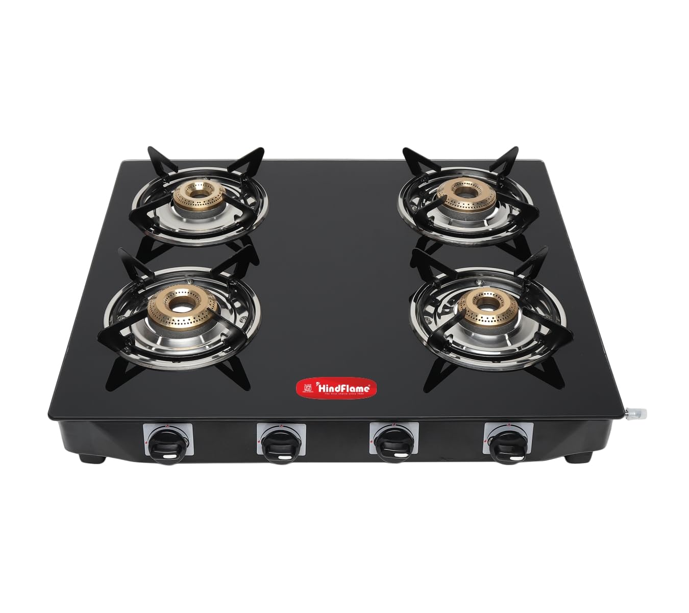 Hindflame 4 Burner Pixel Black Toughened Glass | LPG Cooktop I Manual Ignition | Ergonomic Knob | with 1 Year Warranty | Pan India Service | LP Gas Stove | ISI Approved (Black)