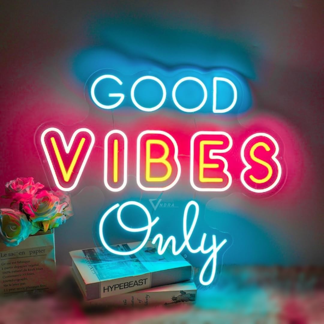 VNDRA® Good Vibes Only Signs Light LED Art Decorative Sign LED Neon Wall Decor, Home Decor for Wedding Kids Room Party Living Room Bar Pub Hotel BeachBars,Restaurants(17X19 In) Multicolour.