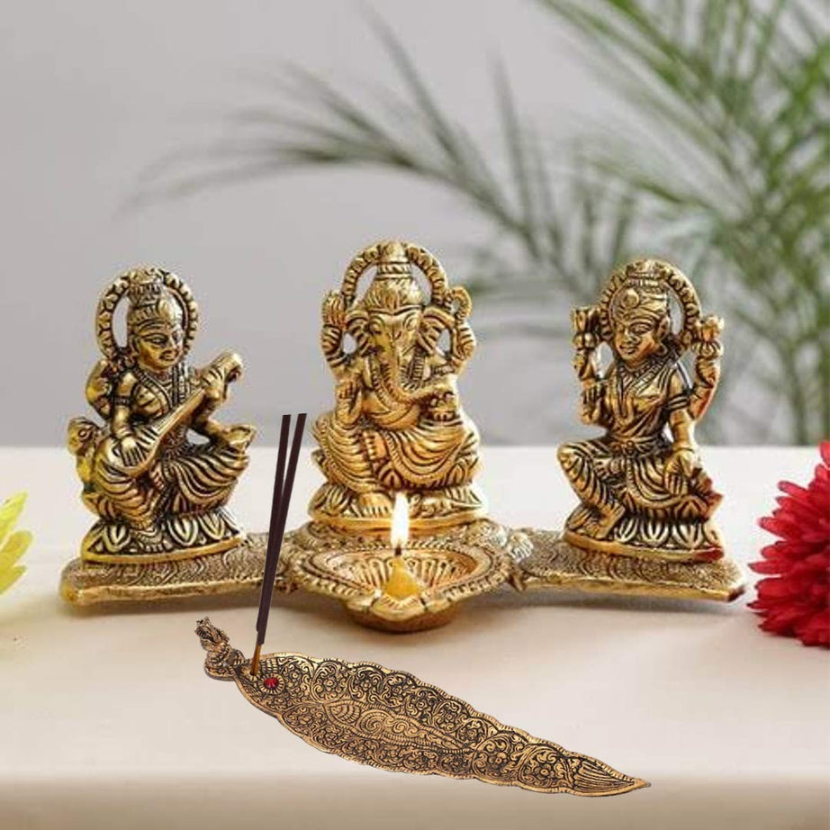 KridayKraft Laxmi Saraswati Idol Action Decorative Platter with Diya and Agarbatti Stand Diwali Gift,Metal,Standard,1 Piece