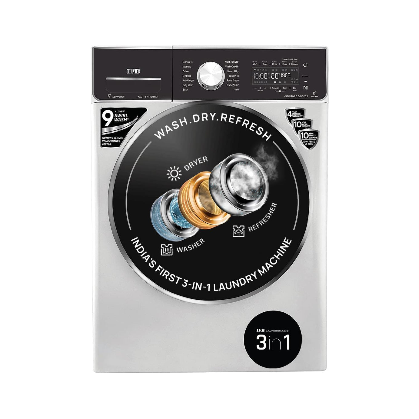 IFB Laundrimagic 3-in-1 8.5/6.5/2.5 Kg Inverter Front Load Washer Dryer Refresh (Executive ZXS, Silver)