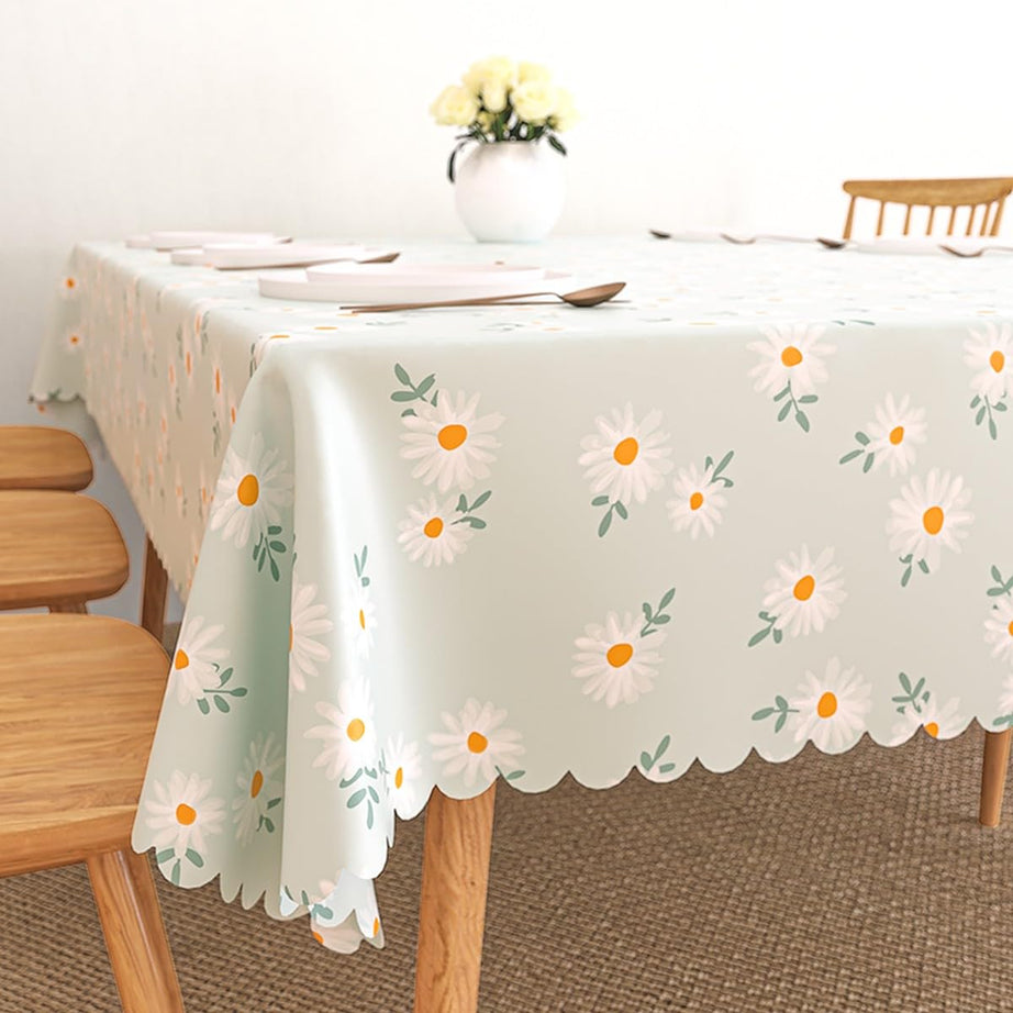 wolpin Polyvinyl Chloride Pvc Dining Rectangular Table Cover & 4 Seater Center Table Cloth - Green Daisy Flower Print Oil Proof, Waterproof