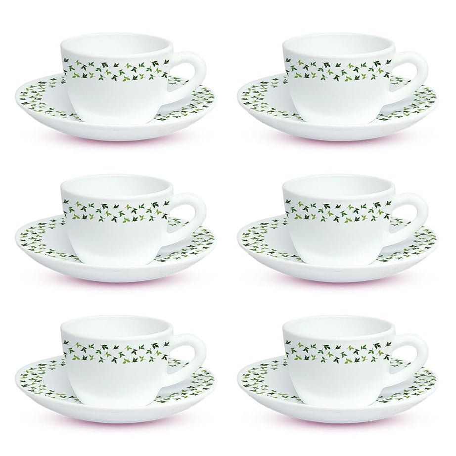 Larah by BOROSIL Silk Series Sage Opalware Cup and Saucer Set of 12 pcs | Tea/Coffee Cups 140 ml | Microwave & Dishwasher Safe, Bone-Ash Free | Crockery Set Ideal for Daily Use & Gifting, White