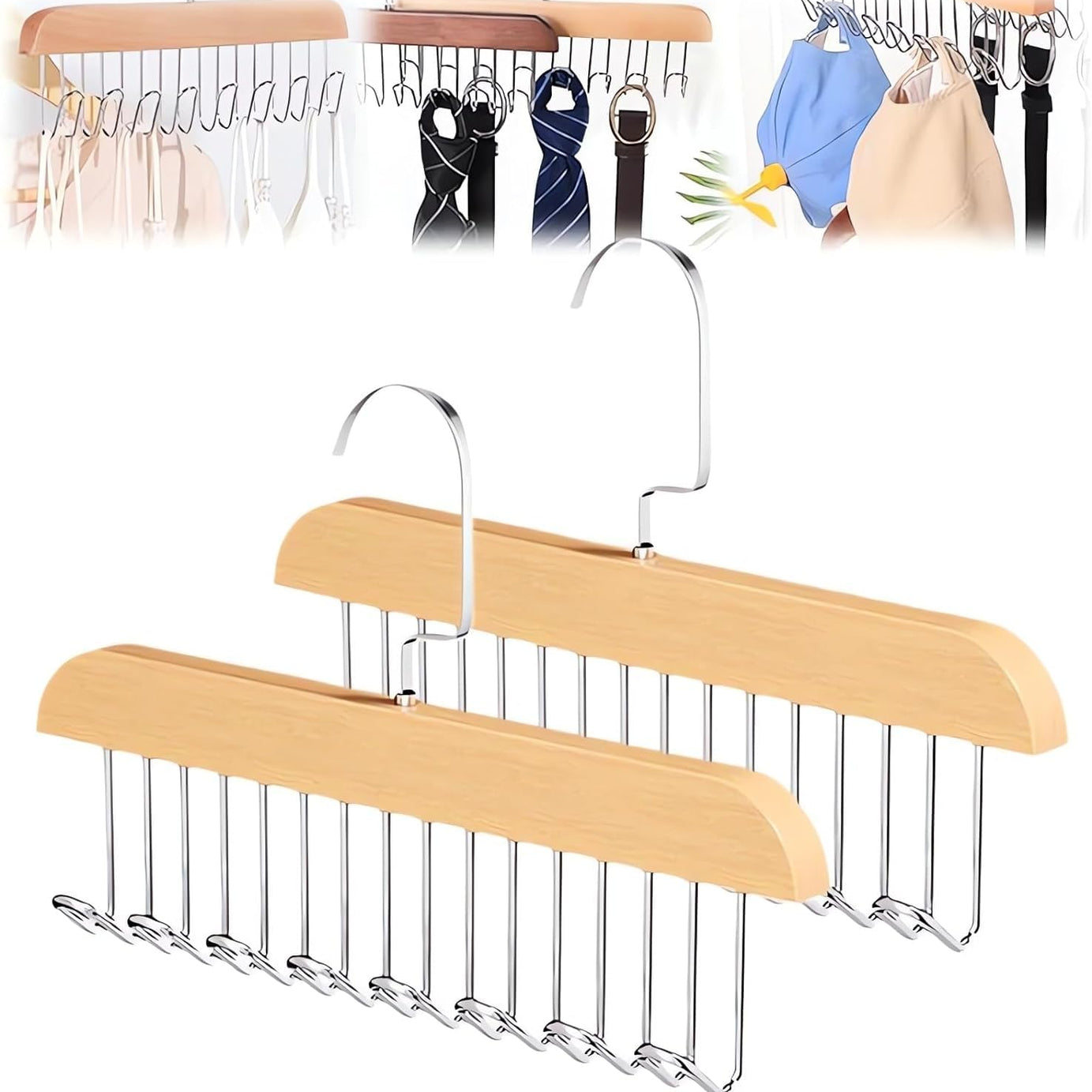 PUJI Anti Slip Multi Hook Coat Rack, Multifunctional Non-Slip Storage Hangers with 8 Hooks, 360 Degree Swivel Wooden Belt Hanger for Home Closet Clothing Storage Organization, Bra Organizer