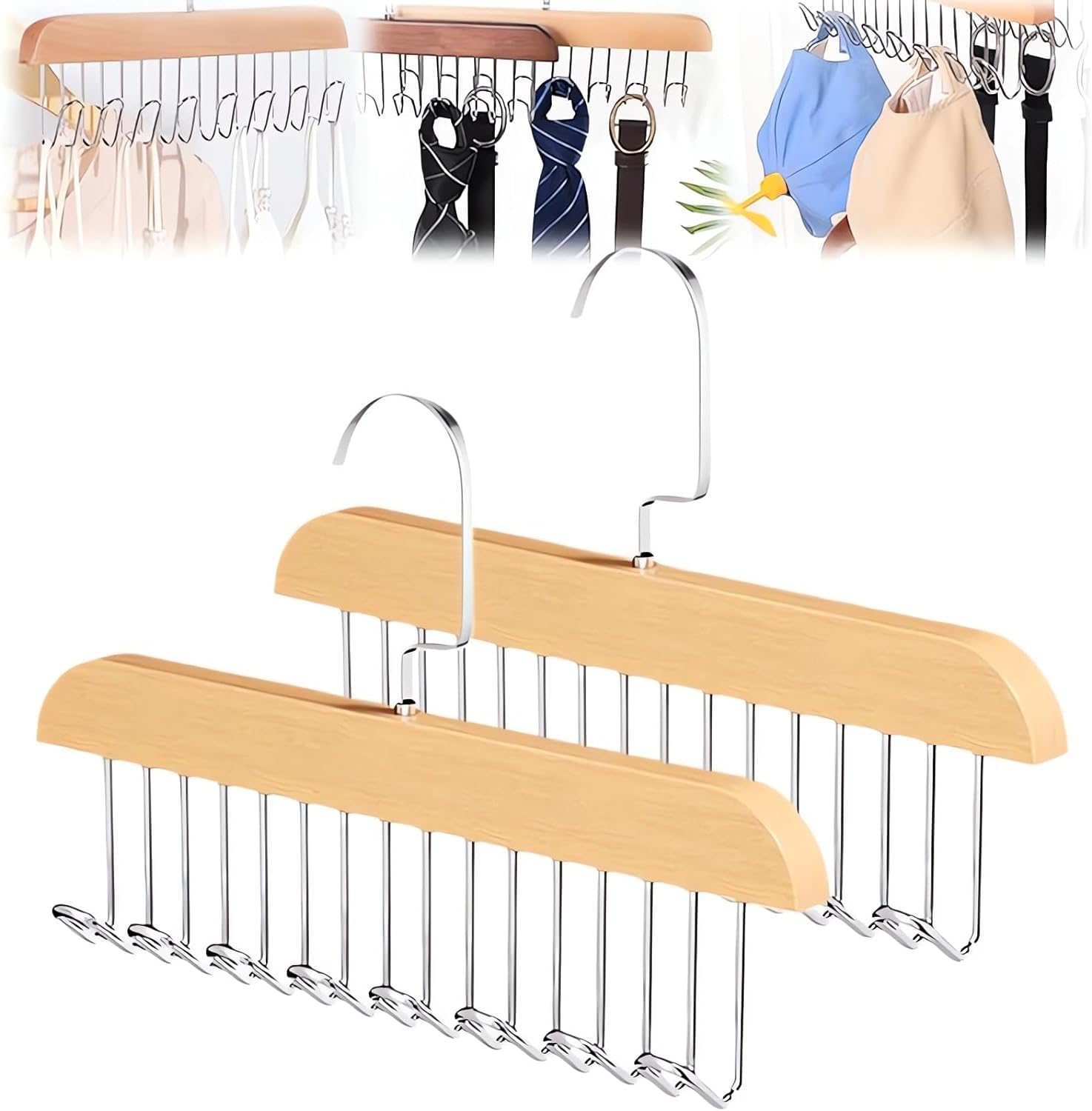 PUJI Anti Slip Multi Hook Coat Rack, Multifunctional Non-Slip Storage Hangers with 8 Hooks, 360 Degree Swivel Wooden Belt Hanger for Home Closet Clothing Storage Organization, Bra Organizer