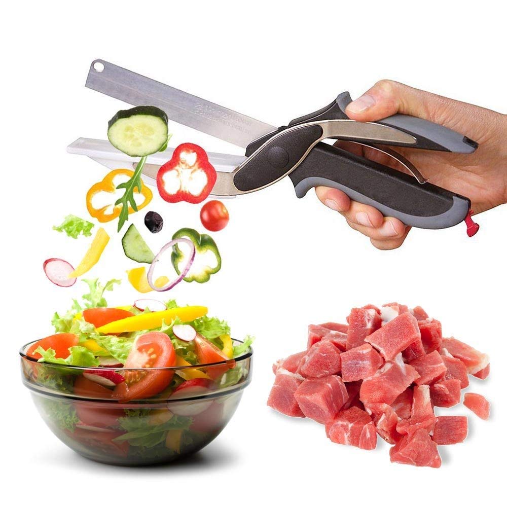 Eopzo Clever Cutter - 2 in 1 Food Chopper Multi Function Kitchen Vegetable Scissors Cutter Kitchen Knife with Spring Action - Cleaver Cutter Comes with Locking Hinge, Vegetable Chopper