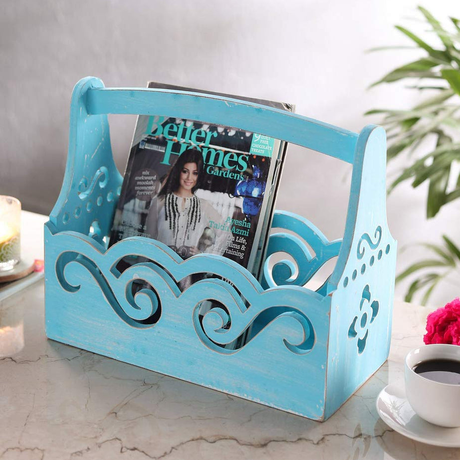 The Urban Store Decorative Handcrafted Wooden Newspaper, Book and Magazine Holder, 38 x17.5x30 cm (Blue) (TUSMG02)