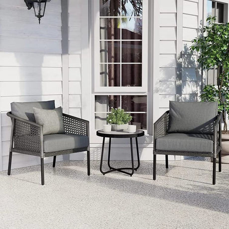 DEVOKO Furniture 3-Piece Patio Set Elegant Black Wicker Design and Gray Cushions for Comfortable Outdoor Living