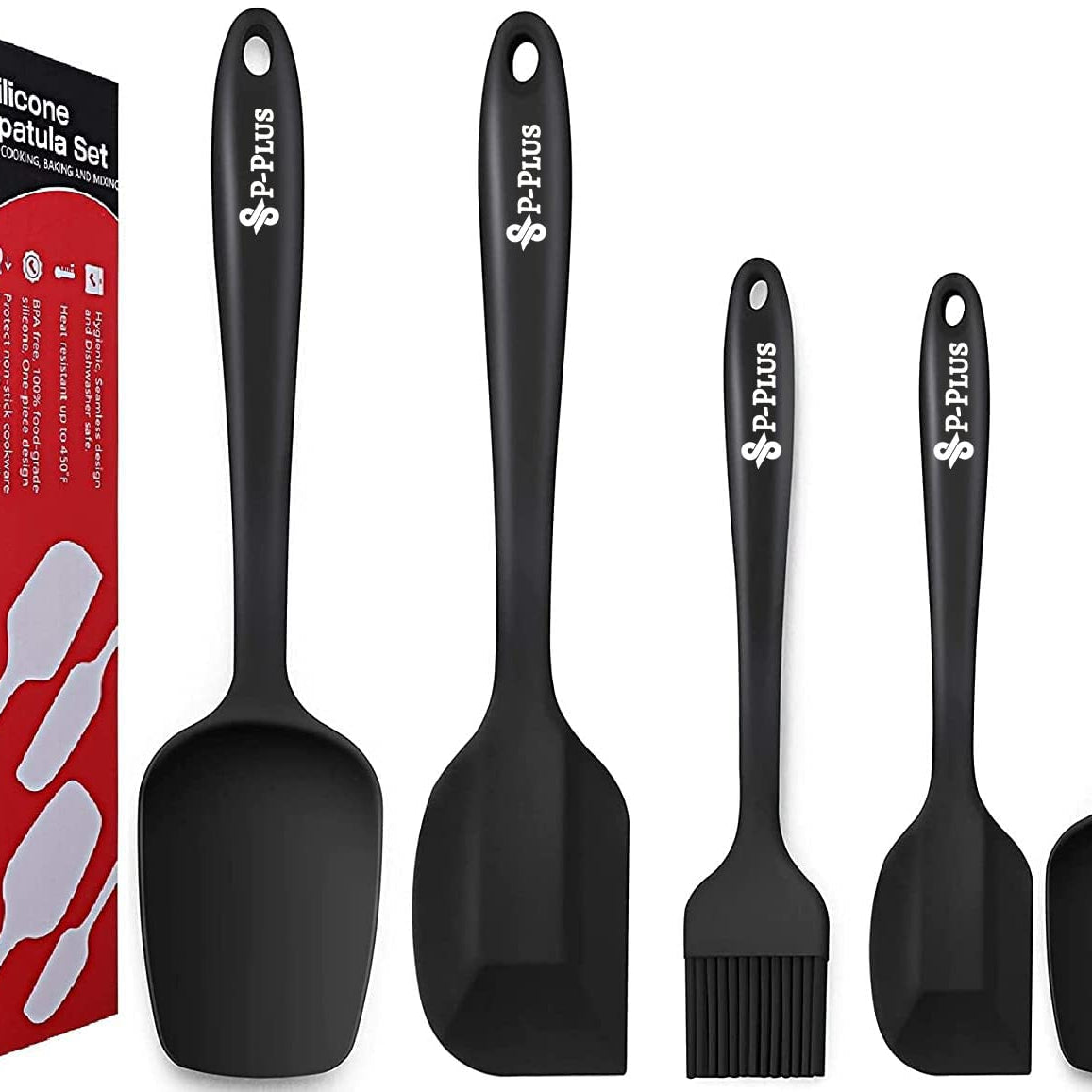 P-Plus International Silicone Spatula Set 5-Piece - 600ºF Heat-Resistant Baking Spoon Spatula - Seamless One-Piece Design Easy to Clean - Non-Stick Silicone Rubber with Stainless Steel Core (Black)