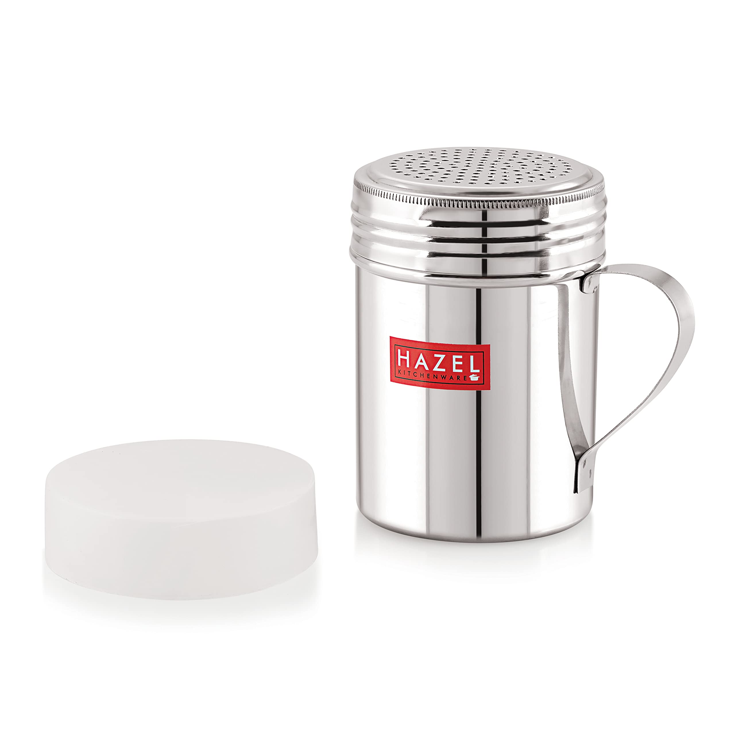 HAZEL Stainless Steel Powder Shaker with Handle and Plastic Lid Cap| 310 ml Capacity Dredger with Handle | Salt and Pepper Cellar Cocoa Chocolate Powder Shaker