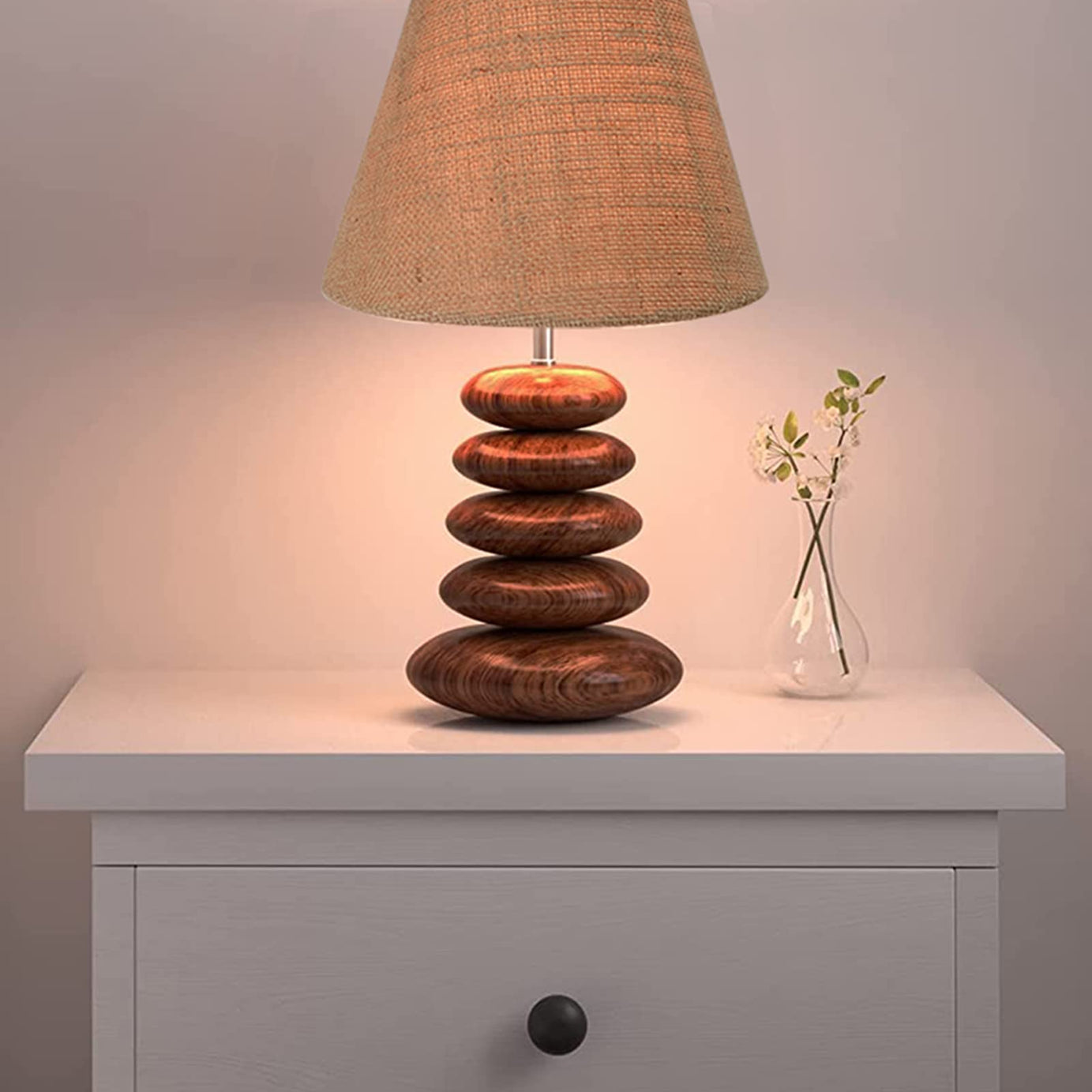 Homesake Wood Table Lamp French Country Rustic Bedside Desk Nightstand Lamp For Bedroom Living Room (Walnut Multi-Pebble, Brownjute) - Incandescent