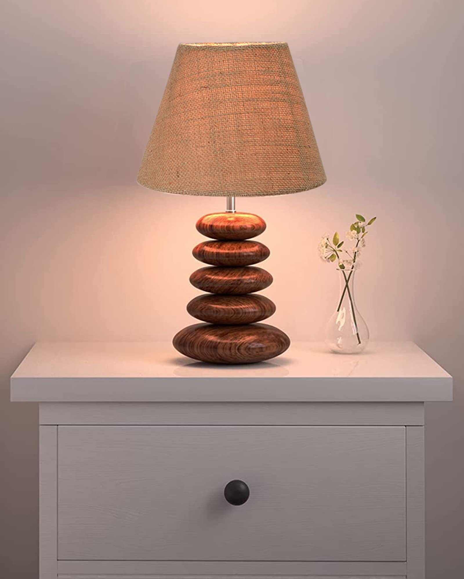 Homesake Wood Table Lamp French Country Rustic Bedside Desk Nightstand Lamp For Bedroom Living Room (Walnut Multi-Pebble, Brownjute) - Incandescent