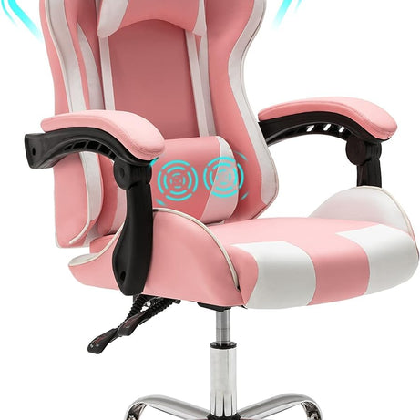 ALEAVIC Pink Gaming Chair High Back Ergonomic Adjustable，Racing Style PU Leather Gaming Chair for Adults，Computer Gaming Chair with Headrest and Lumbar Support (Pink/White)