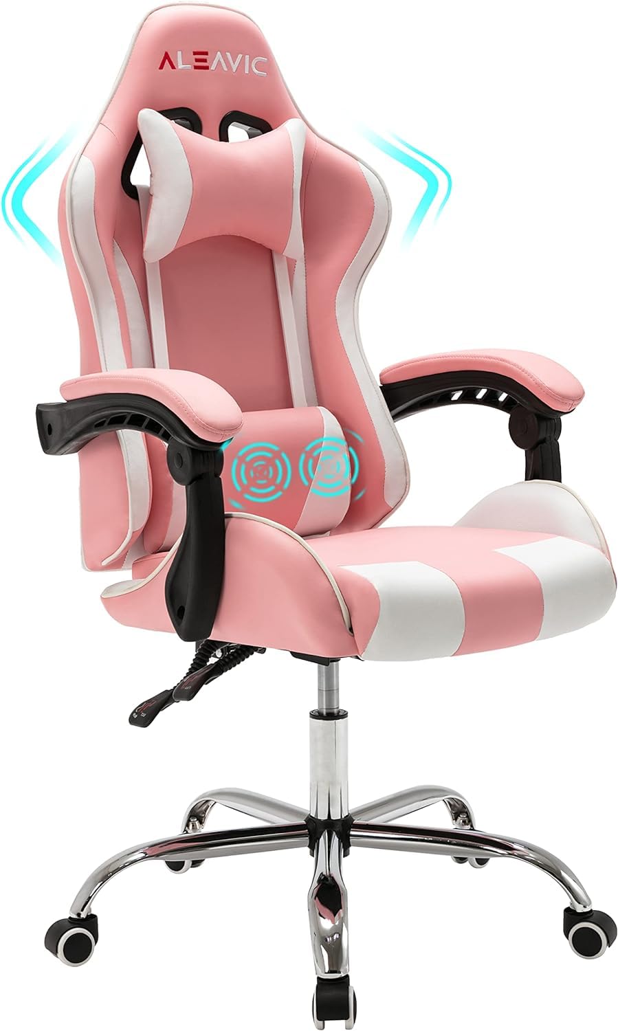 ALEAVIC Pink Gaming Chair High Back Ergonomic Adjustable，Racing Style PU Leather Gaming Chair for Adults，Computer Gaming Chair with Headrest and Lumbar Support (Pink/White)