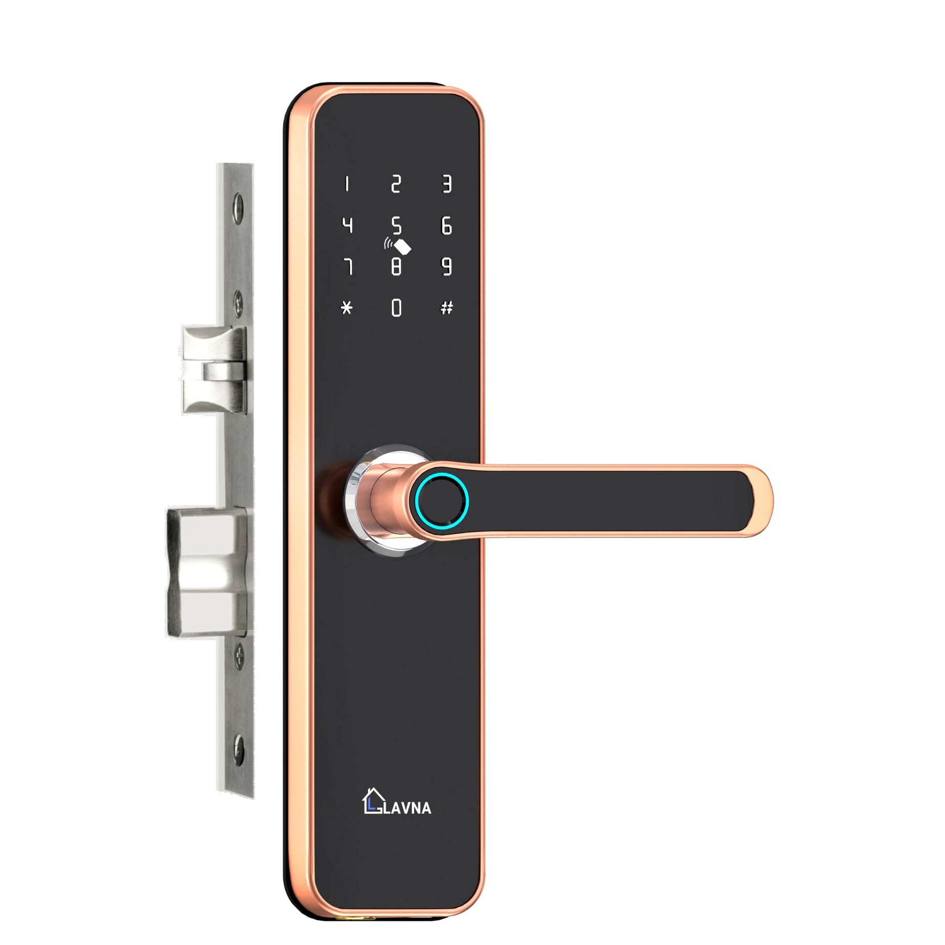 LAVNA LA28 Smart Wifi Door Lock with Fingerprint, Mobile app, WiFi, PIN, OTP, RFID Card and Manual Key Access for Wooden Doors (Rose Gold)