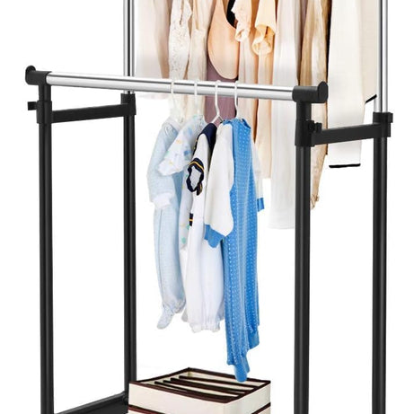 SAINTSLAVE Double Pole Portable Clothing Hanging Garment Rack Laundry Drying Hanger with Wheels Steel Pole Telescopic Clothes Fordable Single and Stand for Indoor Outdoor (Pack of 1)