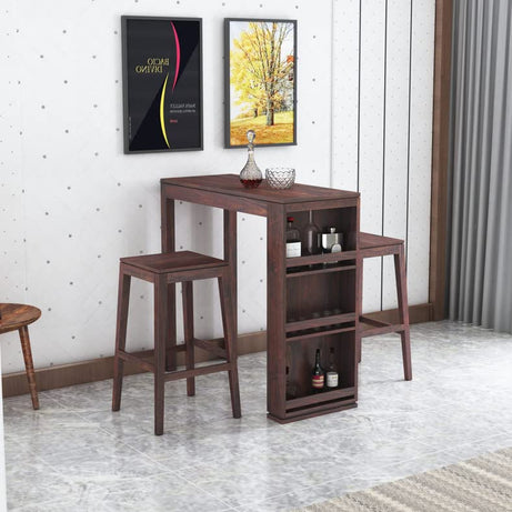 WDFRNTR Sheesham Wood 2 Seater High Bar Table and Stools Wooden Long Bar Table Set for Home Kitchen Furniture - Dark Brown