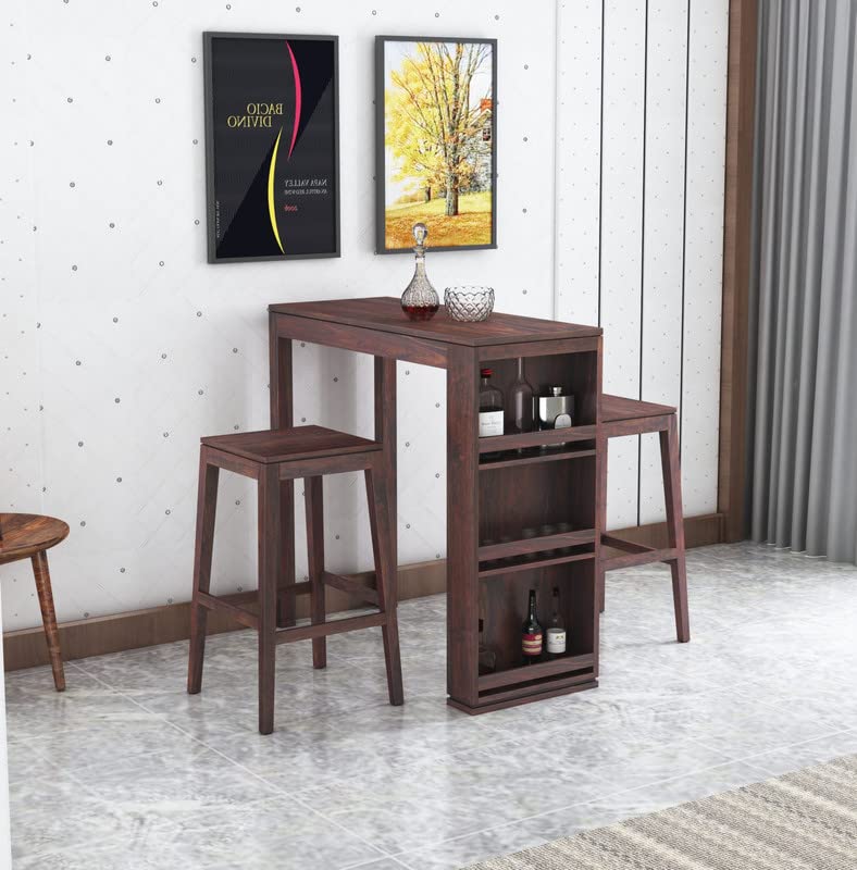 WDFRNTR Sheesham Wood 2 Seater High Bar Table and Stools Wooden Long Bar Table Set for Home Kitchen Furniture - Dark Brown