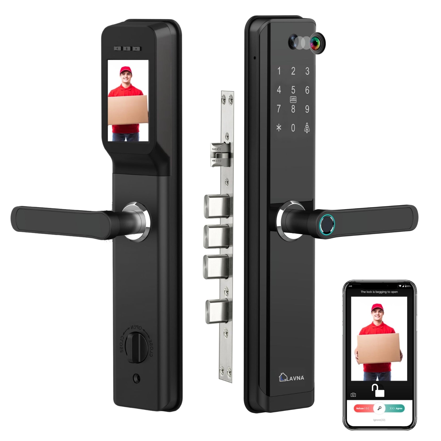 LAVNA Smart Digital Door Lock with Fingerprint, Bluetooth + WiFi, Mobile App, OTP, PIN, RFID Card and Manual Key Access for Wooden Doors (LA24 Black) (Camera)