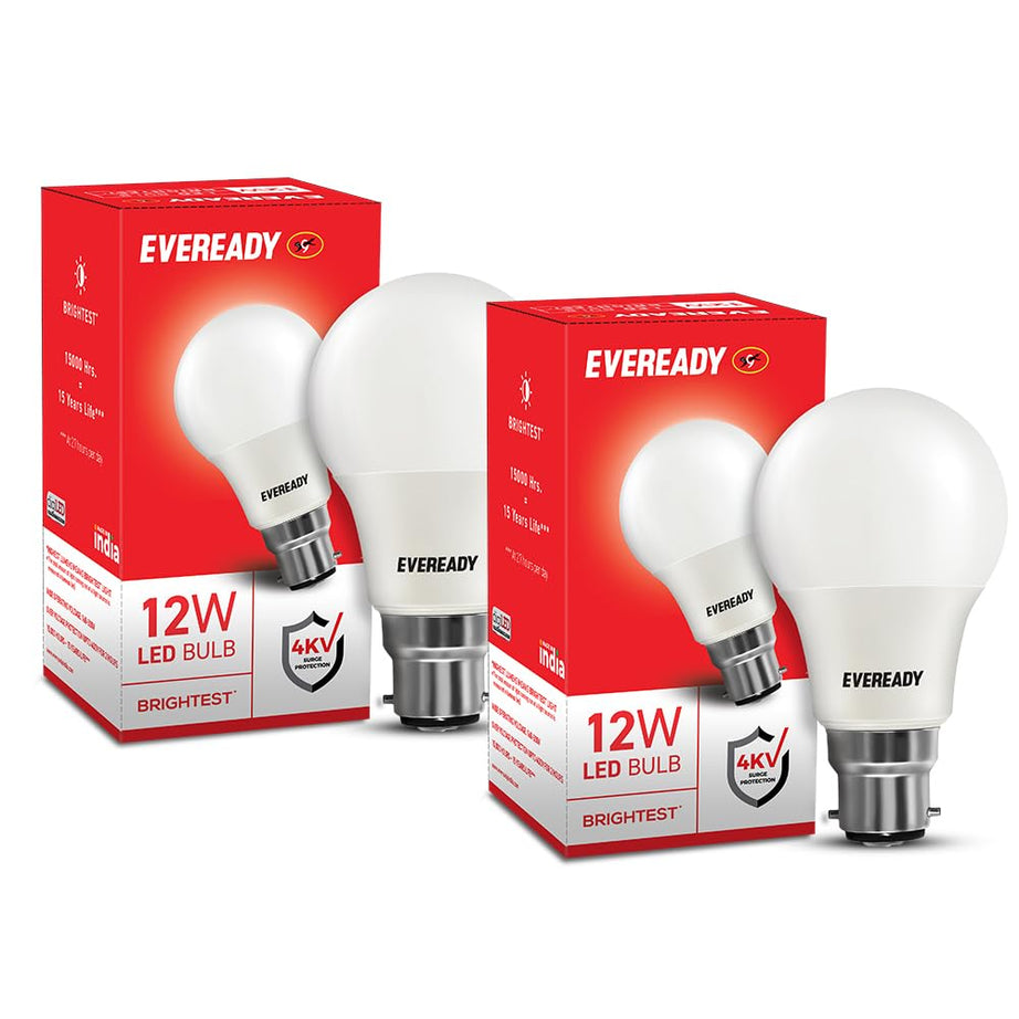 Eveready 12W Led Light Bulb | High Efficiency & Glare-Free Light | Pack of 2 | 4KV Surge Protection | With Wide Operating Voltage Range | 100 Lumens Per Watt | Cool Day Light (6500K)