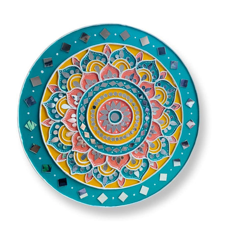 Unique Wants Lippan Art Wall Hanging Home Decoration in Circle Mirror Work , Blue-Pink-Yellow, ?Round, ?Unframed