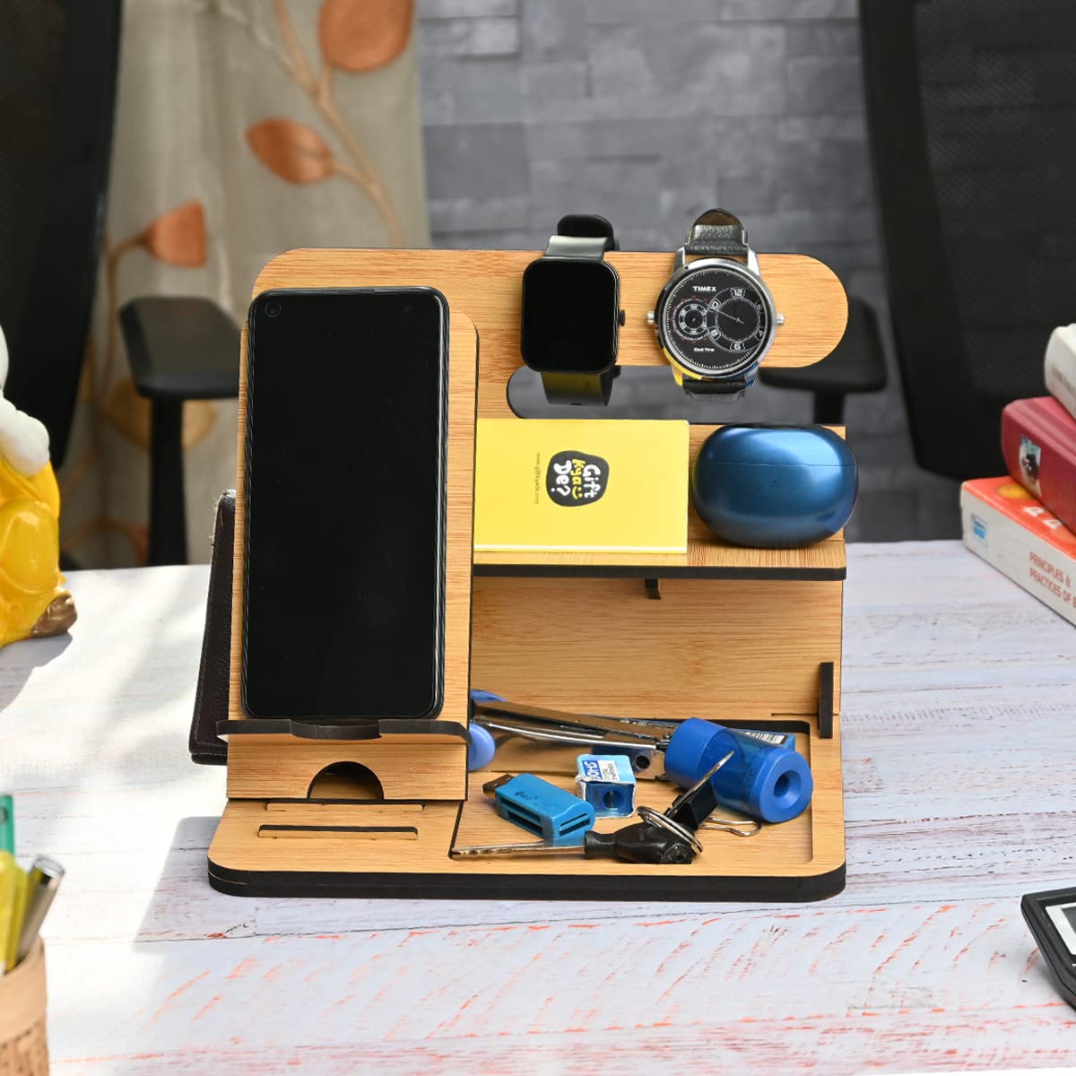 Gift Kya De GKD Desk Organizer & Docking Station (6 in 1) with Mobile Stand Gift for Him Gift for Husband Gift for Brother Table Organizer (Bamboo) (Eco Friendly)