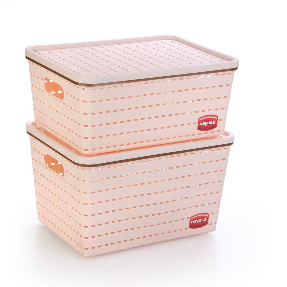 Nayasa Gloria 2 Piece Plastic Basket, 1 Big, 1 Medium, Peach, Square