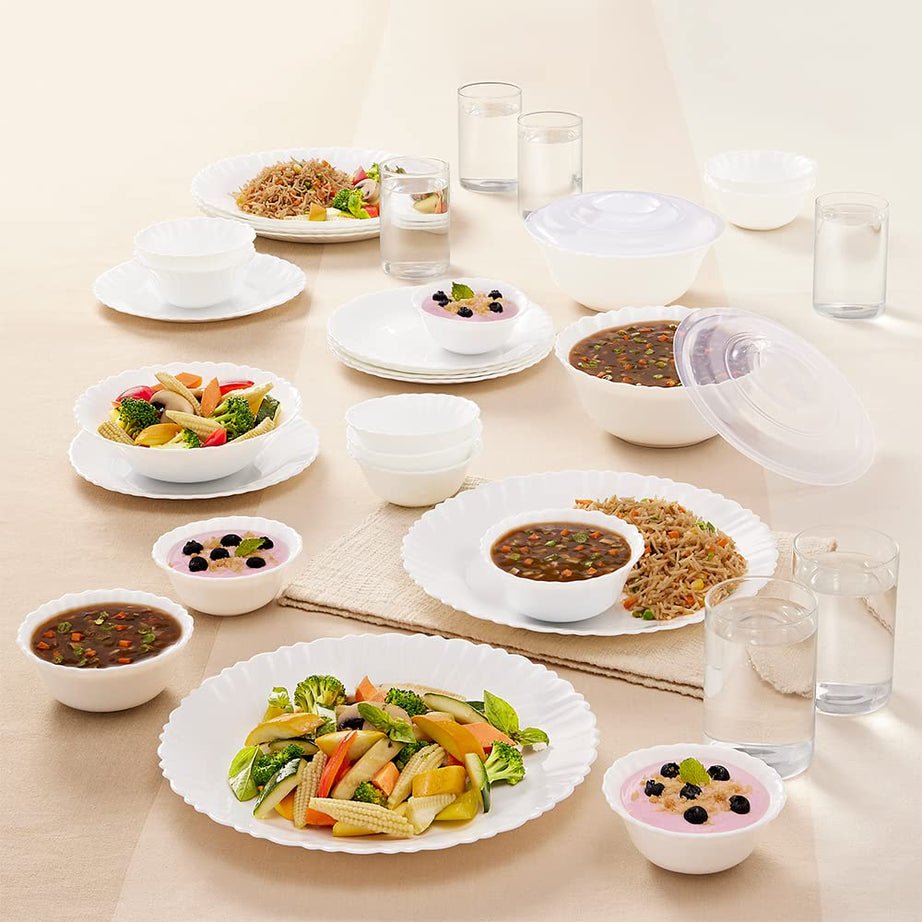 Larah By Borosil Brand Logo Silk Series Opalware Dinner Set with Glasses, 35 Pcs for Family of 6, Microwave & Dishwasher Safe, Bone-Ash Free, Crockery Set for Gifting, Plates & Bowls, White - Floral