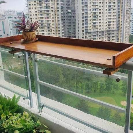 Furnelift Wooden Railing Table for Balcony - Sheesham Wood Hanging Table for Garden - Bar Counter Stand for Outdoor Shelf (Rectangle, Teak Finish)