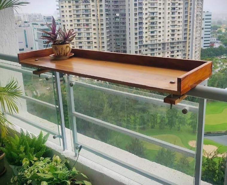 Furnelift Wooden Railing Table for Balcony - Sheesham Wood Hanging Table for Garden - Bar Counter Stand for Outdoor Shelf (Rectangle, Teak Finish)