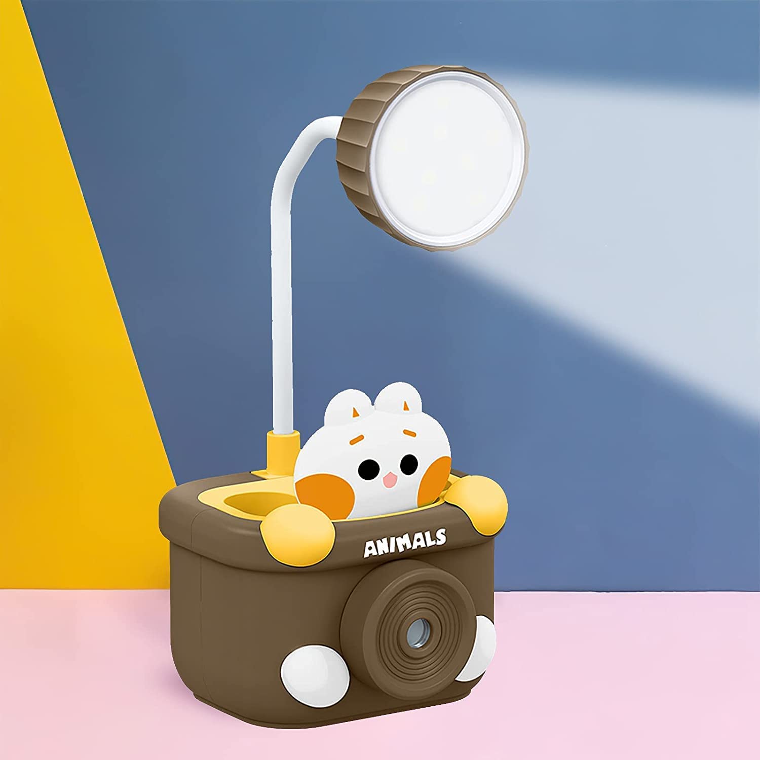 Crackles Cute Animal Table Lamp - Rechargeable Desk Lamp with Pen Holder & Sharpener, Study Desk Light for Study Room/Home/Office (Multi Color and Animals)