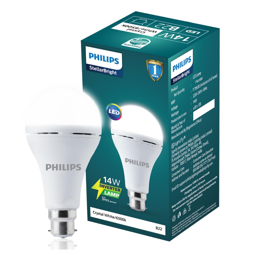 PHILIPS 14W Emergency LED Bulb | Stellar Bright B22 Inverter LED Bulb for Power Cuts | Crystal White, Pack of 1