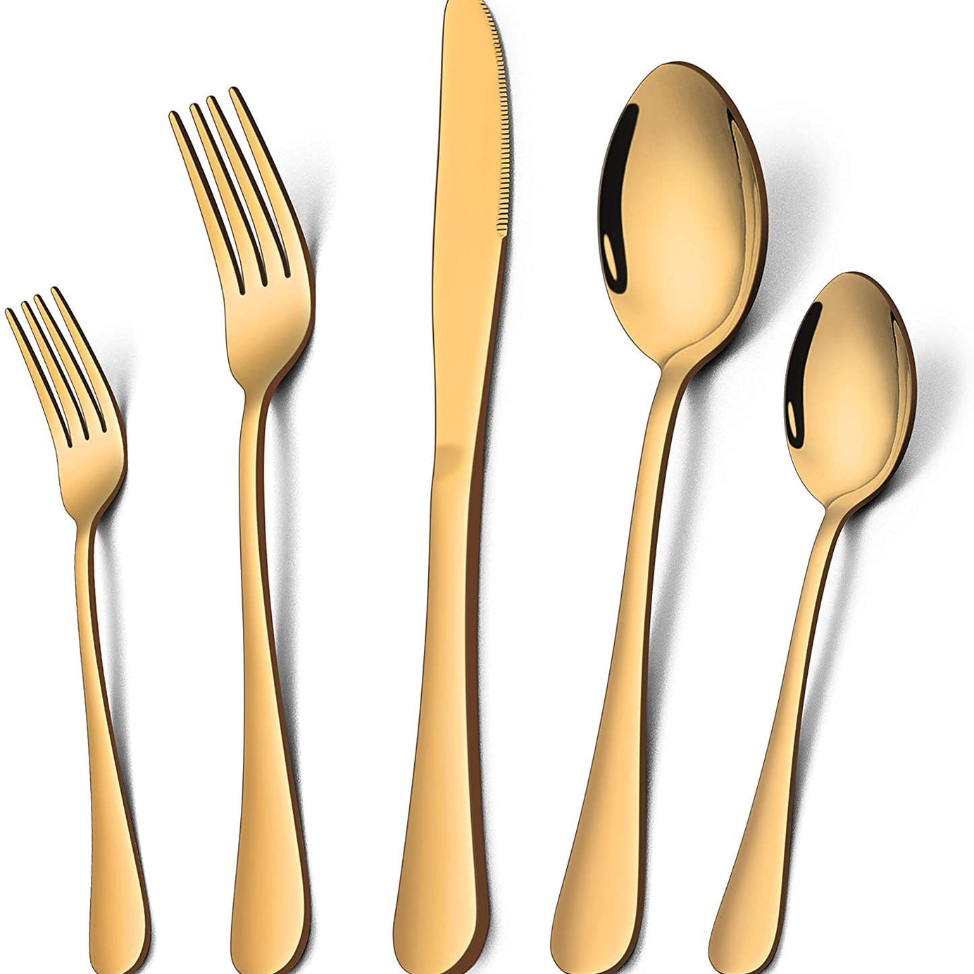 Turbid Golden Flatware Cutlery Set of 5 - Titanium Plated Stainless Steel Dinner Set, Kitchen Utensil Set with 1 Knife, 2 Forks, 2 Spoons - Elegant Fork and Spoon Set for Tableware